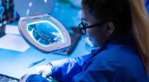 employee using magnifying glass during parts harvesting